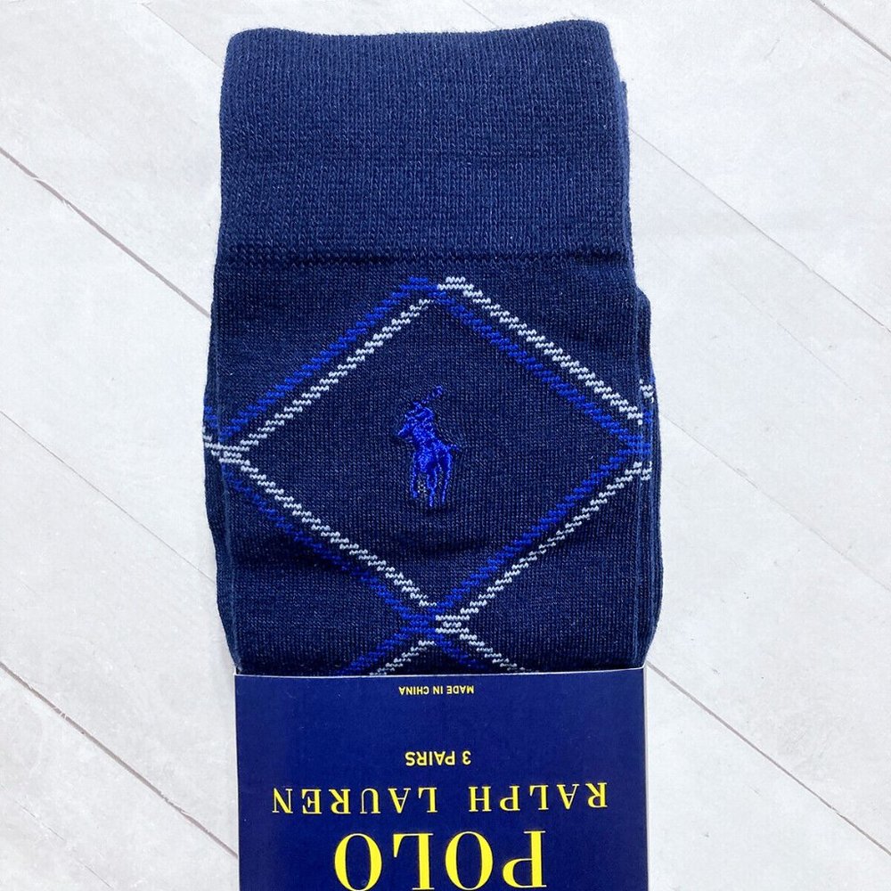 Polo Ralph Lauren Casual Dress Socks 3-Pair Navy Blue Grey Solid Diamond Pack - Picture 3 of 10